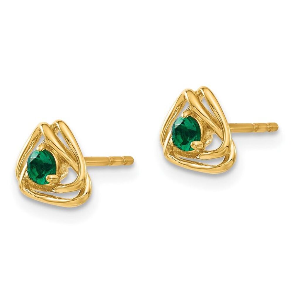 14k Yellow Gold Created Emerald Post Earrings - image 2